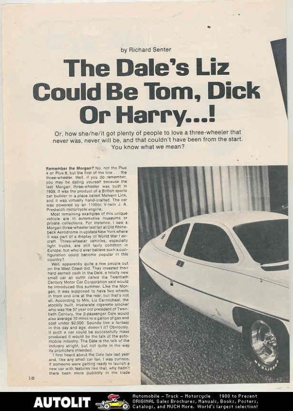 1975 Dale 3 Wheel Microcar Car Article Streamline Liz Carmichael 