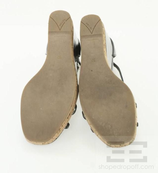 Prada Black Patent Leather & Cork Strappy Wedge Heel Sandals Size 37 