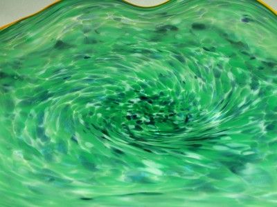 Green Blue Blend Hand Blown Hot Glass Art Wall Platter Bowl Signed by 