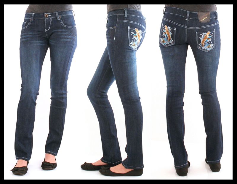 NEW Ed Hardy Womens Orange Koi Fish Blue Jeans 27 29 Waist Skinny 