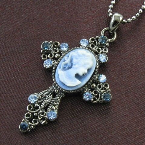   Style Blue Sapphire Rhinestone Designer Cameo Cross Necklace Pendant