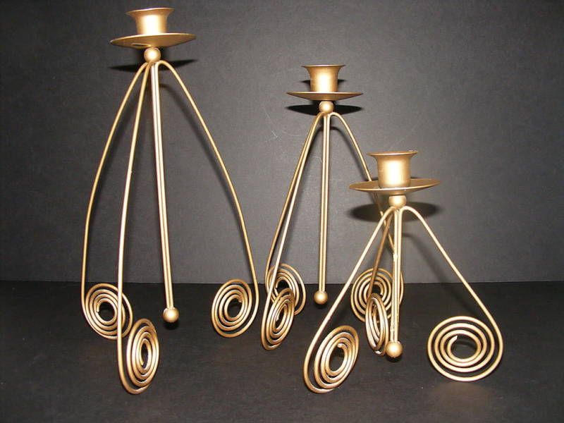 Set Of 3 Gold Tone Contemporary Candle Holders  
