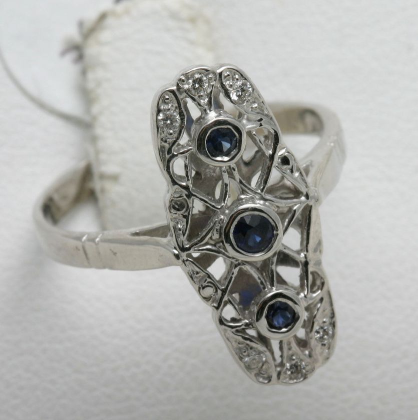 Vintage 14k white gold Sapphire & Diamond ring Reprouction long 