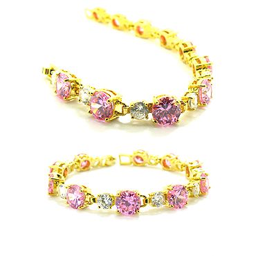 CHRISTMAS GIFT JEWELRY PINK SAPPHIRE YELLOW GOLD PLATED GP BRACELET 