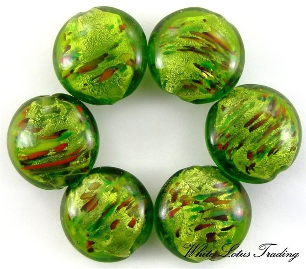 GREEN LAMPWORK ROUND DISC SILVER FOIL GLASS LOOSE BEADS  