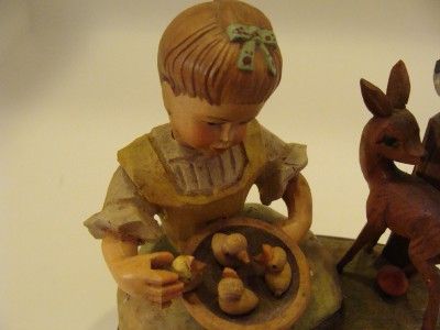 Vintage ANRI Wood Carved Girl w/ Deer, Bird, Chicks  